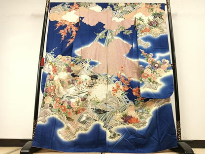 平和屋着物●豪華振袖　駒刺繍　孔雀花文　暈し染め　金糸　金彩　正絹　逸品　AABK7940fy