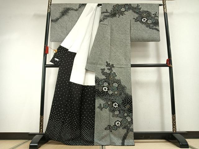 平和屋着物●訪問着　総絞り　草花文　黒地　金彩　正絹　逸品　AABK7961fy