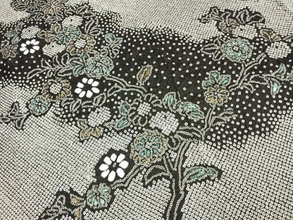 平和屋着物●訪問着　総絞り　草花文　黒地　金彩　正絹　逸品　AABK7961fy