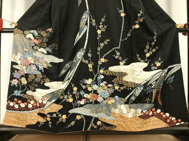 平和屋着物●訪問着　絞り　草花文　黒地　金銀彩　正絹　逸品　AABK7965fy