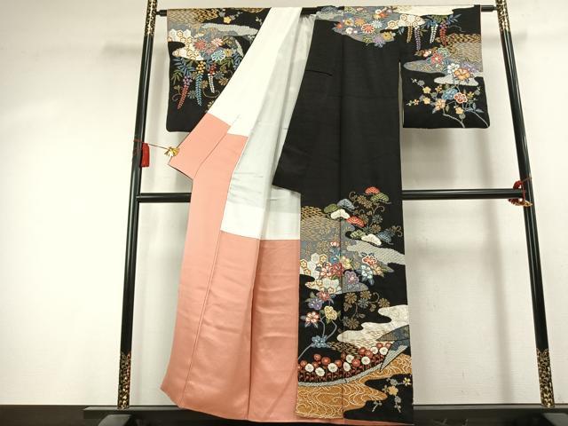 平和屋着物●訪問着　絞り　草花文　黒地　金銀彩　正絹　逸品　AABK7965fy