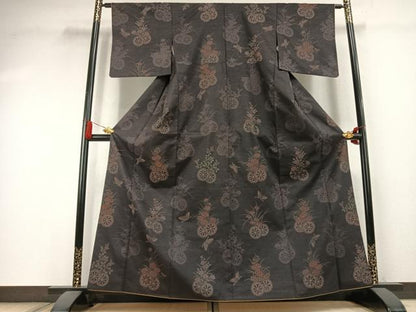 平和屋着物●訪問着　紬地　刺繍　花蝶文　正絹　逸品　AABK7966fy