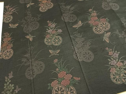 平和屋着物●訪問着　紬地　刺繍　花蝶文　正絹　逸品　AABK7966fy