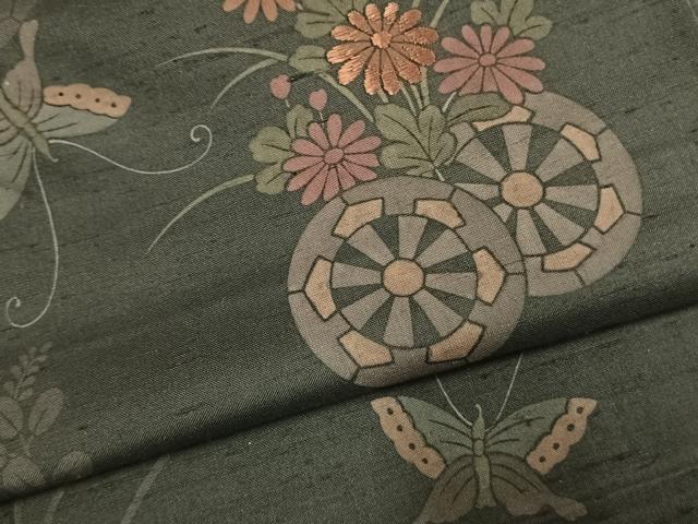 平和屋着物●訪問着　紬地　刺繍　花蝶文　正絹　逸品　AABK7966fy