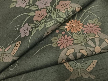平和屋着物●訪問着　紬地　刺繍　花蝶文　正絹　逸品　AABK7966fy