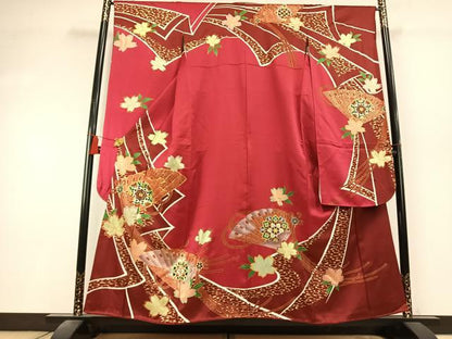 平和屋着物●豪華振袖　駒刺繍　扇面花文　金糸　金彩　正絹　逸品　未使用　AABK7969fy
