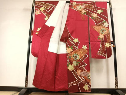 平和屋着物●豪華振袖　駒刺繍　扇面花文　金糸　金彩　正絹　逸品　未使用　AABK7969fy