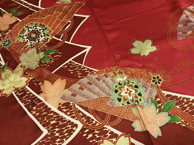 平和屋着物●豪華振袖　駒刺繍　扇面花文　金糸　金彩　正絹　逸品　未使用　AABK7969fy