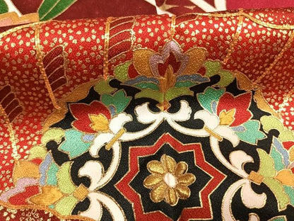 平和屋着物●豪華振袖　駒刺繍　扇面花文　金糸　金彩　正絹　逸品　未使用　AABK7969fy