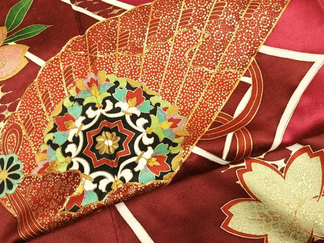 平和屋着物●豪華振袖　駒刺繍　扇面花文　金糸　金彩　正絹　逸品　未使用　AABK7969fy