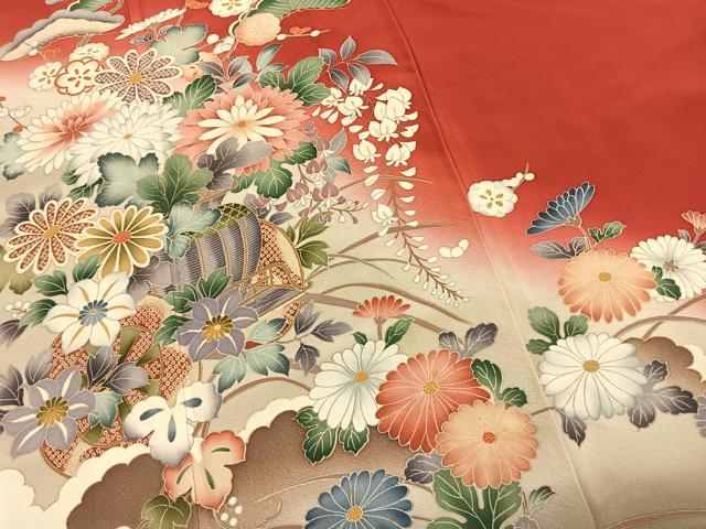 平和屋着物●豪華振袖　草花文　暈し染め　金彩　さが美扱い　正絹　逸品　AABK7971fy