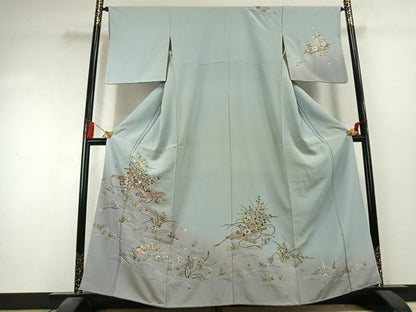 平和屋着物●訪問着　総刺繍　花鳥文　暈し染め　金糸　正絹　逸品　AABK7984fy