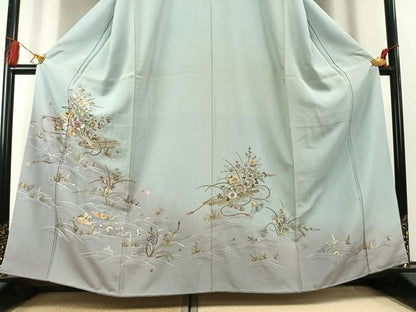 平和屋着物●訪問着　総刺繍　花鳥文　暈し染め　金糸　正絹　逸品　AABK7984fy