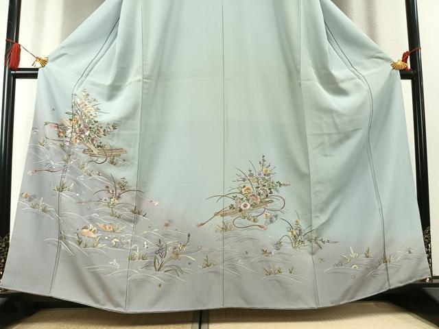 平和屋着物●訪問着　総刺繍　花鳥文　暈し染め　金糸　正絹　逸品　AABK7984fy