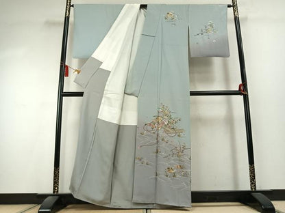 平和屋着物●訪問着　総刺繍　花鳥文　暈し染め　金糸　正絹　逸品　AABK7984fy