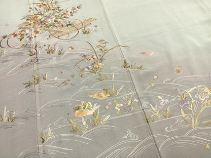 平和屋着物●訪問着　総刺繍　花鳥文　暈し染め　金糸　正絹　逸品　AABK7984fy