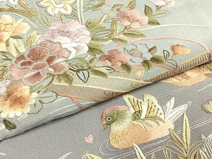 平和屋着物●訪問着　総刺繍　花鳥文　暈し染め　金糸　正絹　逸品　AABK7984fy