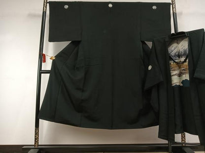 平和屋着物●男性 黒紋付 羽織セット 正絹 逸品 AABK7991fy