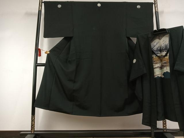 平和屋着物●男性 黒紋付 羽織セット 正絹 逸品 AABK7991fy