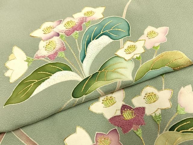 平和屋着物●染刺工芸　大羊居　東京友禅　訪問着　刺繍　枝花文　金糸　金彩　高島屋扱い　正絹　逸品　AABK7995fy