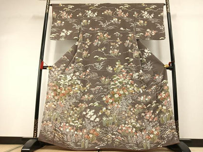 平和屋着物●訪問着　草花文　金彩　鬼しぼ縮緬　正絹　逸品　AABK8001fy