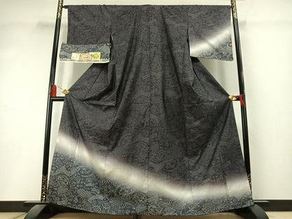 平和屋着物●本場縞大島紬　訪問着　風景文　暈し染め　銀通し地　京都きもの友禅扱い　阿多利謹製　証紙付き　正絹　逸品　AABK8005fy