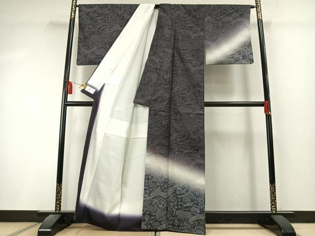 平和屋着物●本場縞大島紬　訪問着　風景文　暈し染め　銀通し地　京都きもの友禅扱い　阿多利謹製　証紙付き　正絹　逸品　AABK8005fy