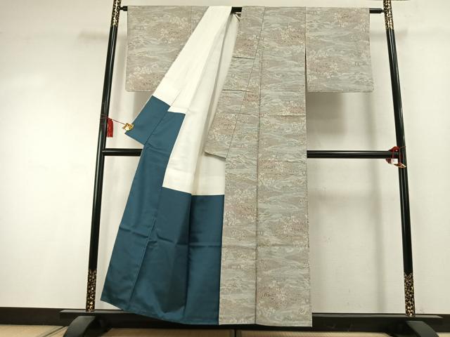 平和屋着物●本場結城紬　重要無形文化財　100亀甲　人物風景文　もろ入り　正絹　逸品　AABK8013fy