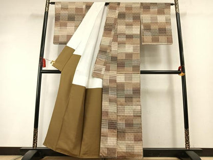 平和屋着物●上質な紬　花織　格子　正絹　逸品　AABK8019fy