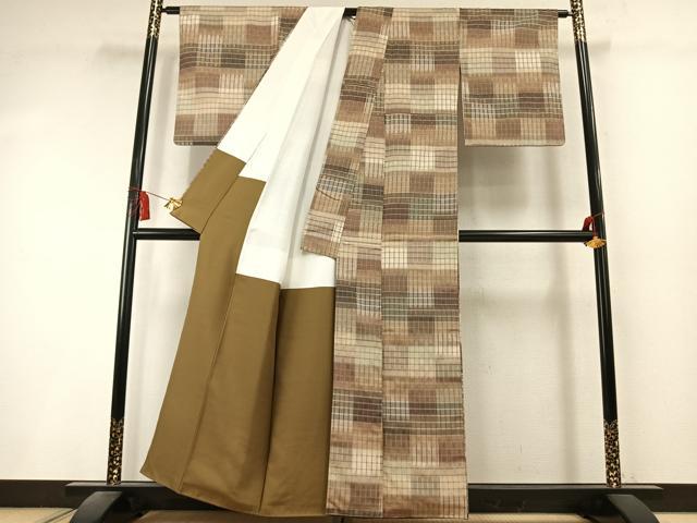 平和屋着物●上質な紬　花織　格子　正絹　逸品　AABK8019fy