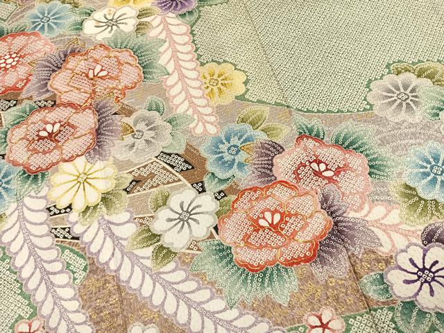 平和屋着物●豪華振袖　駒刺繍　草花文　金彩　正絹　逸品　AABK8024fy