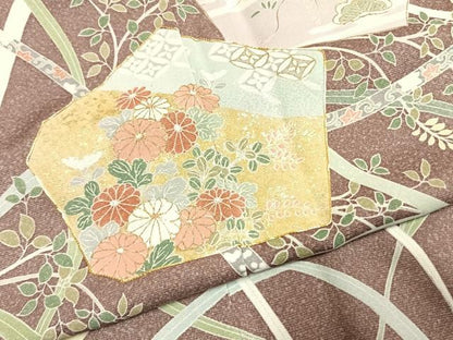 平和屋着物●訪問着　駒刺繍　草花文　金彩　正絹　逸品　AABK8035fy