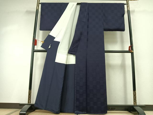 平和屋着物●藍造り国選定無形文化財　藍師・佐藤昭人　藍香房　小紋　天然愛染　市松文様　正絹　逸品　未使用　AABK8043fy