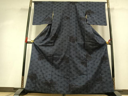 平和屋着物●結城紬　80亀甲　雲取り麻の葉文様　正絹　逸品　AABK8046fy