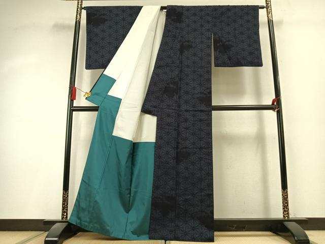 平和屋着物●結城紬　80亀甲　雲取り麻の葉文様　正絹　逸品　AABK8046fy