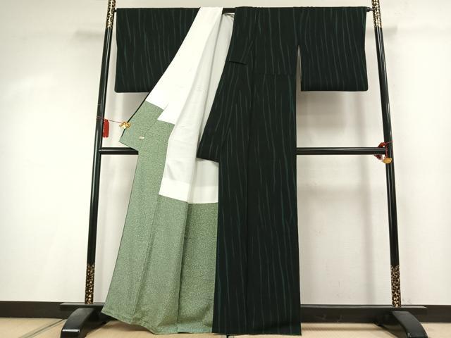 平和屋着物●上質な小紋　工芸絞染　木永栄絹　よろけ縞　黒地　丹後ちりめん　さが美扱い　証紙付き　正絹　逸品　AABK8048fy