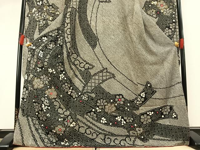 平和屋着物●豪華振袖　総絞り　駒刺繍　舞花文　黒地　金彩　正絹　逸品　AABK8062fy