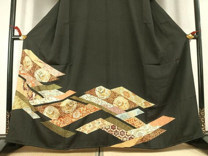 平和屋着物●豪華黒留袖　花鳥文　金糸　金彩　三越扱い　正絹　逸品　AABK8063fy