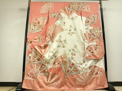 平和屋着物●十日町老舗ブランド　吉澤友禅　吾妻徳穂　振袖　駒刺繍　扇面花蝶文　金彩　正絹　逸品　AABK8065fy