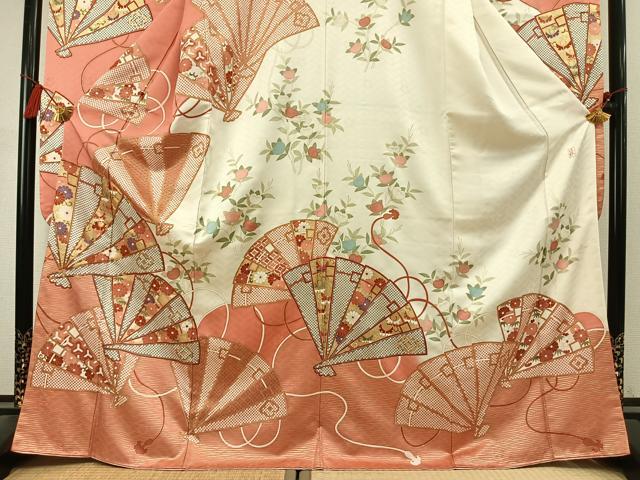 平和屋着物●十日町老舗ブランド　吉澤友禅　吾妻徳穂　振袖　駒刺繍　扇面花蝶文　金彩　正絹　逸品　AABK8065fy