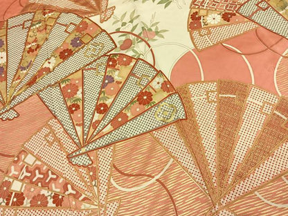 平和屋着物●十日町老舗ブランド　吉澤友禅　吾妻徳穂　振袖　駒刺繍　扇面花蝶文　金彩　正絹　逸品　AABK8065fy