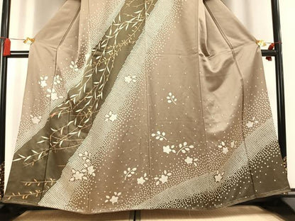 平和屋着物●訪問着　絞り　駒刺繍　草花文　金彩　正絹　逸品　AABK8070fy