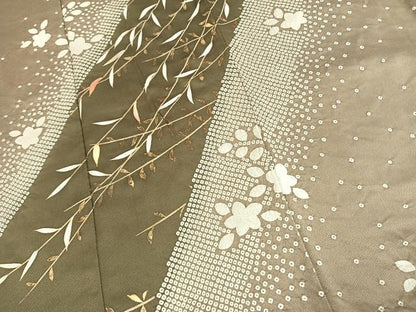 平和屋着物●訪問着　絞り　駒刺繍　草花文　金彩　正絹　逸品　AABK8070fy