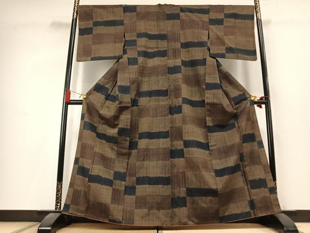 平和屋着物●上質な紬　市松文様　正絹　逸品　AABK8080fy
