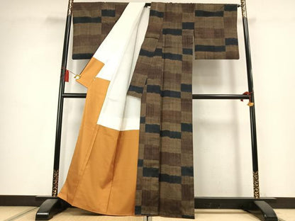 平和屋着物●上質な紬　市松文様　正絹　逸品　AABK8080fy