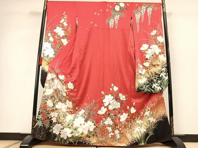 平和屋着物●豪華振袖　草花文　暈し染め　金彩　京都きもの友禅扱い　正絹　逸品　AABK8089fy