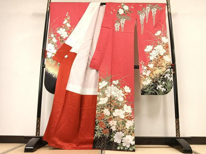 平和屋着物●豪華振袖　草花文　暈し染め　金彩　京都きもの友禅扱い　正絹　逸品　AABK8089fy