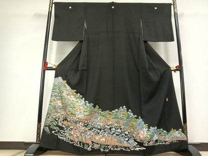 平和屋着物●豪華黒留袖　作家物　総刺繍　風景花文　正絹　逸品　AABK8093fy