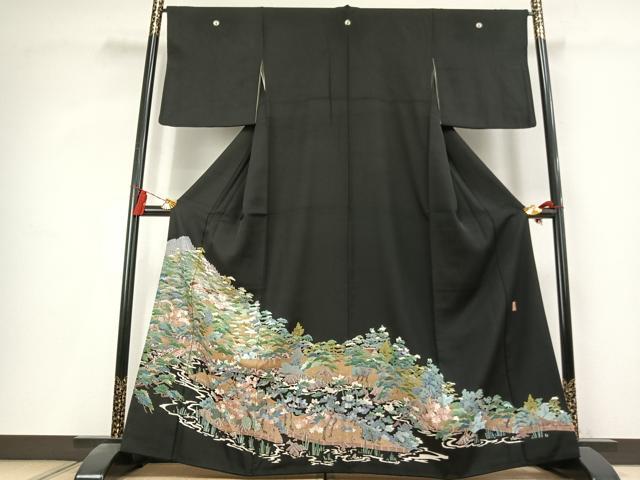 平和屋着物●豪華黒留袖　作家物　総刺繍　風景花文　正絹　逸品　AABK8093fy
