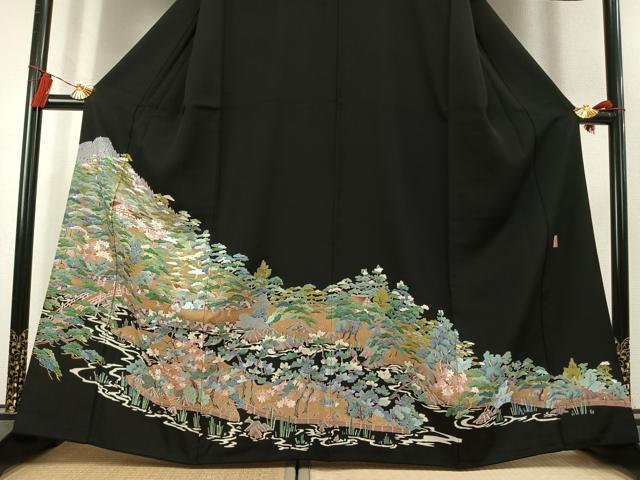 平和屋着物●豪華黒留袖　作家物　総刺繍　風景花文　正絹　逸品　AABK8093fy